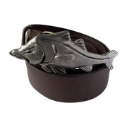 Pewter snook buckle and chocolate leather belt