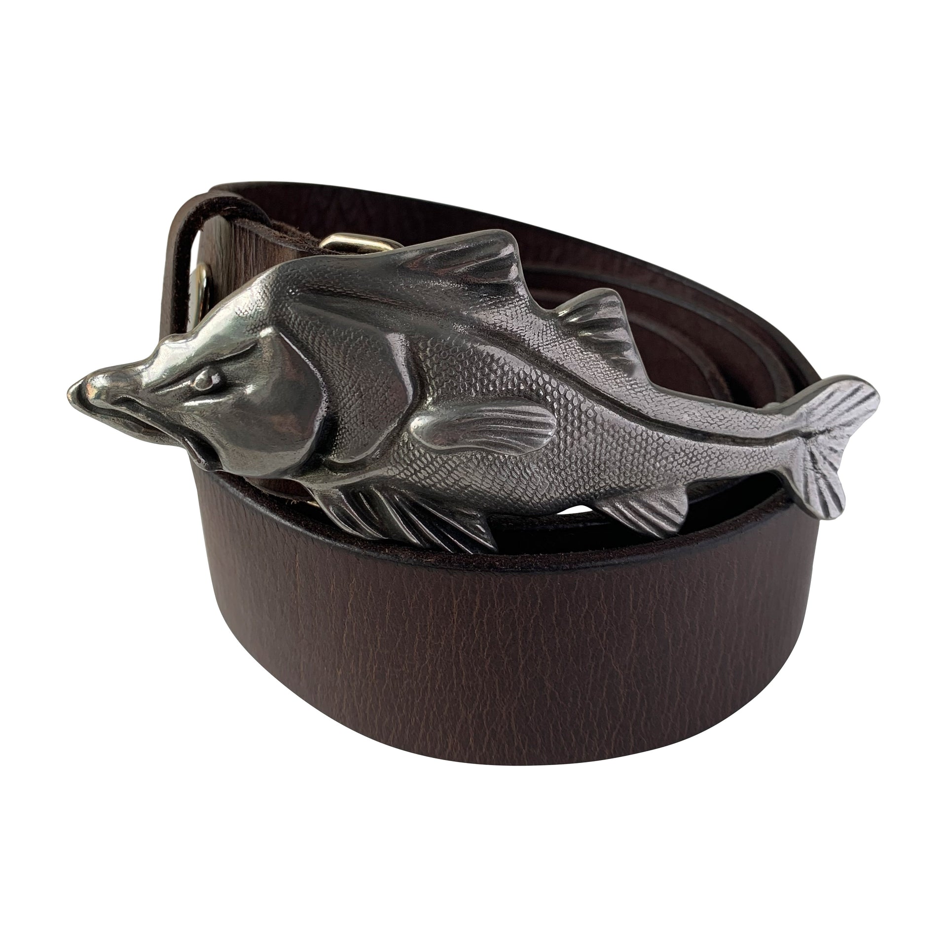 Pewter snook buckle and chocolate leather belt