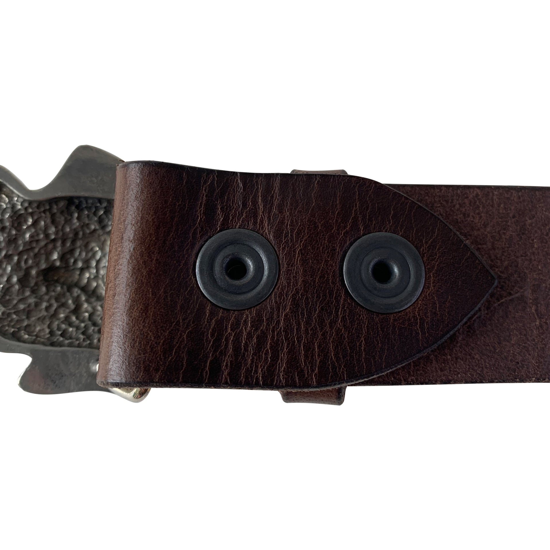 Back of chocolate leather belt